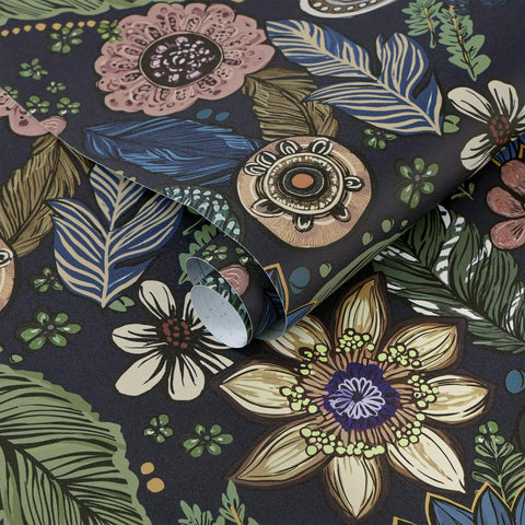 Slay Your Walls With This Dope Blue Boho Wallpaper Peel And Stick Vintage Floral Pattern Removable Self Adhesive Vinyl Roll For Bedroom Bathroom DIY Refresh Smooth Operator Vibes Upgrade Game close-up of rolled wallpaper showcasing dark blue floral design.