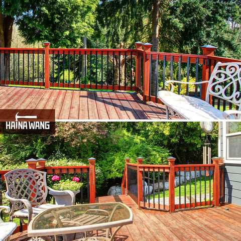 Outdoor deck with Heavy Duty Stainless Steel Railing Connectors With Screws 304 Grade Horizontal Brackets For 2x4 Wood Handrails.