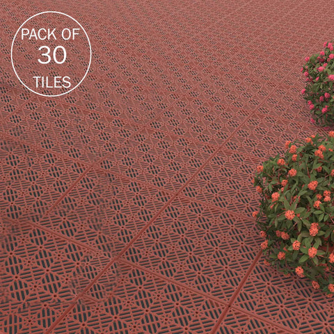 30-Pack Interlocking Deck Tiles for Outdoor Flooring in Terracotta with plant, durable weatherproof polypropylene patio tiles