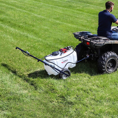 25 Gallon Trailer Sprayer With 2.4 GPM Pump And 3 Nozzle Boom Delivers High Pressure Lawn And Garden Coverage attached to ATV