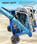 Grab And Go Heavy Duty Beach Cart Folding Wagon with Sand Wheels and Umbrella Holder, holds four chairs, blue, on beach