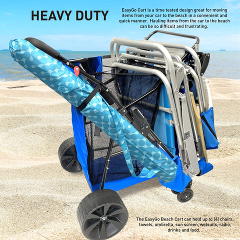 Grab And Go Heavy Duty Beach Cart Folding Wagon with Sand Wheels and Umbrella Holder, holds four chairs, blue, on beach