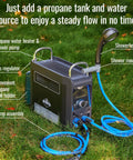 Propane Water Heater And Rechargeable Portable Outdoor Shower System with shower head attachment, propane tank holder, and hoses.