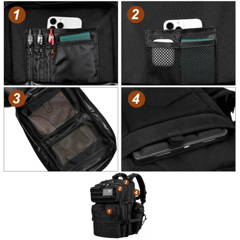 Rugged 45L Tactical Backpack for Men and Women With MOLLE System Assault Pack with various compartments displayed.