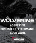 Text overlay on an image of a snarling wolverine face and Weiler logo, highlighting aggressive performance and value.
