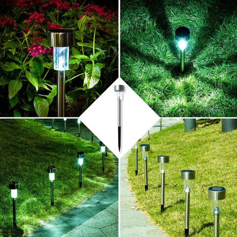 Outdoor Solar Lights 16 Pack Stainless Steel Waterproof Landscape Pathway Garden Lights illuminating garden and pathway.