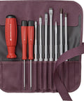 SwissGrip Slotted And Phillips Screwdriver Kit With Click Fastened 215 Blades in Bordeaux case showing 9 tools with red handles.
