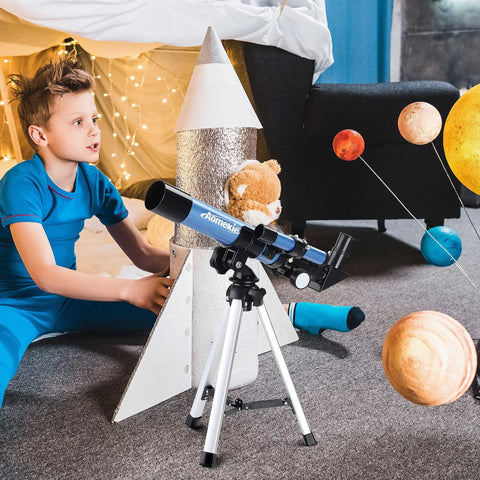 Portable Telescope For Kids And Astronomy Beginners 40 By 400 With Tabletop Tripod And Two Eyepieces Finderscope Compass Space Gift For Stargazing For Night Sky Observation in a kids' room