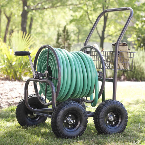 Heavy Duty Four Wheel Hose Reel Cart With 250 Foot Capacity, Steel Frame, Built In Garden Basket, Brown Bronze Finish