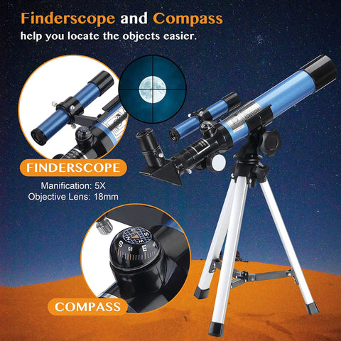 Portable Telescope For Kids And Astronomy Beginners 40 By 400 With Tabletop Tripod And Two Eyepieces Finderscope Compass Space Gift For Stargazing For Night Sky Observation, telescope with finderscope and compass