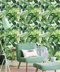 Living room with Tropical Wallpaper Peel And Stick Palm Leaves Jungle Forest Removable Wall Decor 17.7 Inch By 118 Inch