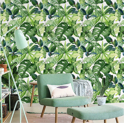 Living room with Tropical Wallpaper Peel And Stick Palm Leaves Jungle Forest Removable Wall Decor 17.7 Inch By 118 Inch
