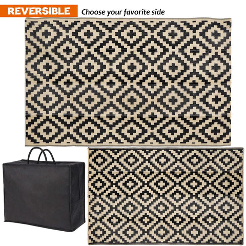 Waterproof Outdoor Rug 5x8 Ft Reversible Plastic Area Rug For Patio Deck Backyard RV Beach Camping Black And Beige