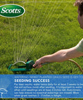 Person watering lawn with sprinkling system, emphasizing 3 In 1 Lawn Seed, Fertilizer And Soil Improver For Thick Green Tall Fescue Mix.