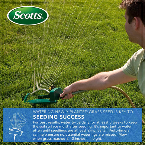 Person watering lawn with sprinkling system, emphasizing 3 In 1 Lawn Seed, Fertilizer And Soil Improver For Thick Green Tall Fescue Mix.