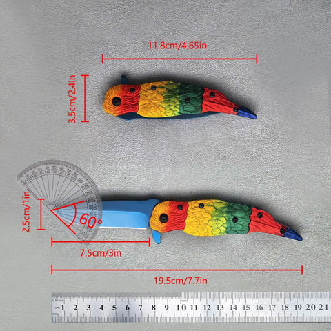 Colorful Parrot Pattern Folding Pocket Knife With Gradient Parrot-Scale Handle, 3-Inch Blue Coated Blade, open and closed view.