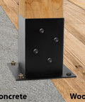 4x4 Wood Fence Post Anchor Base Set 2mm Steel Black Powder Coated Includes Wood Screws and Concrete Anchors installed on wood and concrete