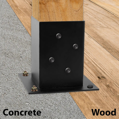 4x4 Wood Fence Post Anchor Base Set 2mm Steel Black Powder Coated Includes Wood Screws and Concrete Anchors installed on wood and concrete