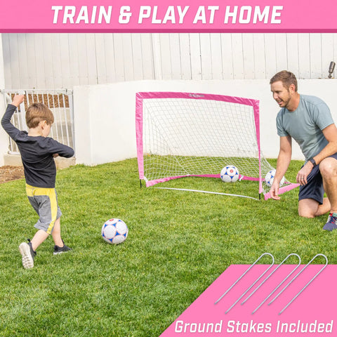 Pink Pop Up Soccer Goal For Kids 4 Foot By 3 Foot Portable Backyard Net With Stakes Easy Setup Great For Backyard Practice