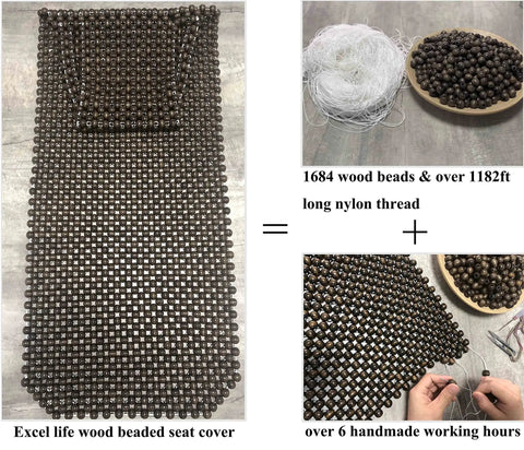 Natural Wood Beaded Seat Cover With Massaging Cooling Ventilated Cushion for Car and Truck displayed with beads and thread