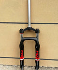 Beefy Fat Tire Electric Bike Front Suspension Fork For 20 Inch 4.0 Wide Tires, 135mm Hub, manual lockout close-up view