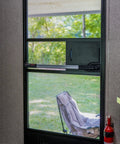 Screen Assist RV Screen Door Push Bar With Full Width Push Handle For Easy Access When Your Hands Are Full Durable Corrosion Resistant Aluminum And Plastic Construction Easy Installation Ideal For Camping And Full Hands Convenience installed on RV screen door