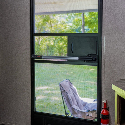 Screen Assist RV Screen Door Push Bar With Full Width Push Handle For Easy Access When Your Hands Are Full Durable Corrosion Resistant Aluminum And Plastic Construction Easy Installation Ideal For Camping And Full Hands Convenience installed on RV screen door
