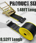 Heavy Duty 4 Inch Ratchet Cargo Straps 2 Pack With Reflective Center Stripe And Hammerlock Flat Hooks For Rig Ready Freight Hauling Tied Tight On Flatbeds And Pickup Trucks. Measuring 1.48FT length with 4In width.