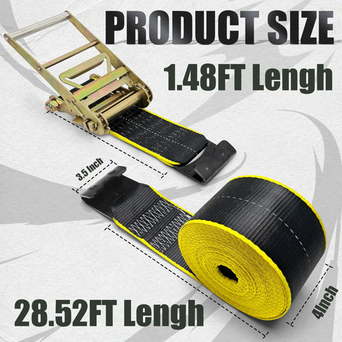 Heavy Duty 4 Inch Ratchet Cargo Straps 2 Pack With Reflective Center Stripe And Hammerlock Flat Hooks For Rig Ready Freight Hauling Tied Tight On Flatbeds And Pickup Trucks. Measuring 1.48FT length with 4In width.