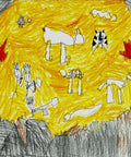 Colorful child drawing featuring animals and characters over a vibrant yellow background, showcasing imaginative scenes.