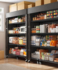 72.8 Inch 5 Tier Heavy Duty Storage Shelving With Cover And Wheels For Pantry Or Garage, Beefy Metal Shelving System With UV Dust Cover, Easy Roll Mobility, Large Storage Space And Enhanced Organization, black metal pantry shelving with cover and wheels in use