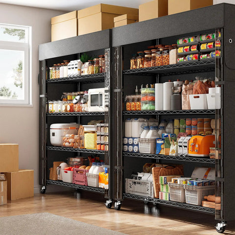 72.8 Inch 5 Tier Heavy Duty Storage Shelving With Cover And Wheels For Pantry Or Garage, Beefy Metal Shelving System With UV Dust Cover, Easy Roll Mobility, Large Storage Space And Enhanced Organization, black metal pantry shelving with cover and wheels in use