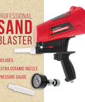 Professional Gravity Feed Sand Blaster Kit with red body, extra ceramic nozzle, pressure gauge for air compressor use.