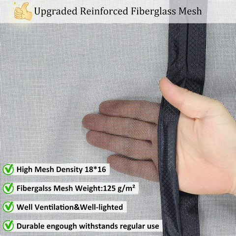 Hand touching upgraded reinforced fiberglass mesh of Upgraded Reinforced Magnetic Screen Door For Sliding Doors Fits 72x80 Inches Double Door Screen Curtain With Heavy Duty Fiberglass Mesh Retractable French Door Magnetic Closure White