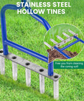 5 Stainless Steel Corer Lawn Aerator With Soft Rubber Grip, Manual Plug Aerator Tool on grass with close-up of hollow tines.