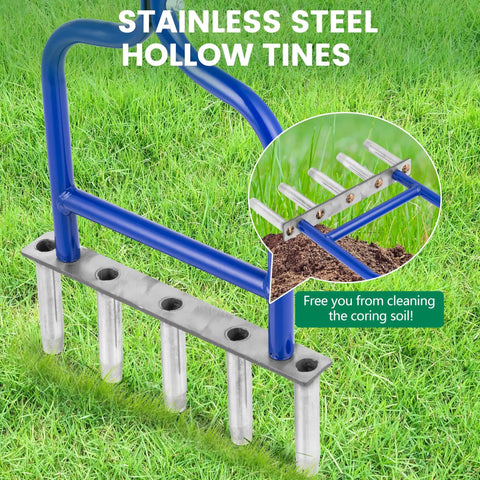 5 Stainless Steel Corer Lawn Aerator With Soft Rubber Grip, Manual Plug Aerator Tool on grass with close-up of hollow tines.