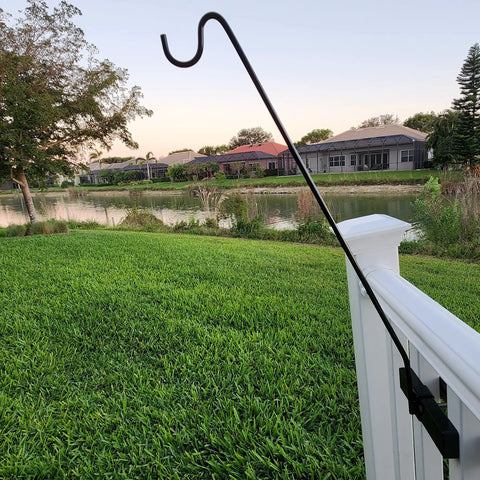One Piece Pole Long Hook Kit For Vertical Spindled Deck Railings Twenty Seven Inch Upright Heavy Duty Hanger Fits Half Inch To One And Three Quarters Inch Spindles Perfect For Bird Feeders Flower Baskets Chimes And More