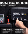 GenPro 10X3 3-Bank Marine Battery Charger - 30A Total, 12V Waterproof Onboard Boat Charger in operation with voltmeter