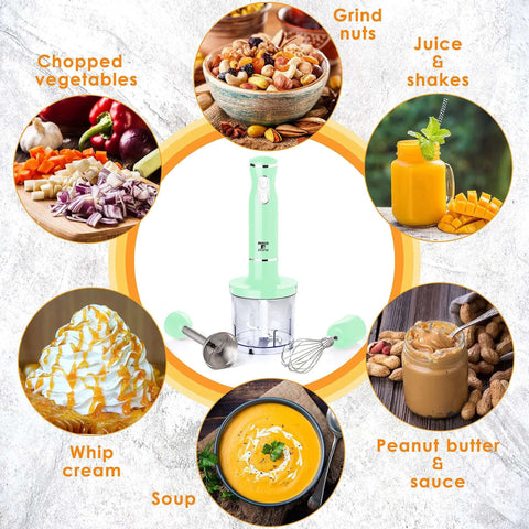Real Talk Kickin Electric Hand Blender With Egg Whisk And Food Chopper 300 Watt Stick Mixer surrounded by various food uses.