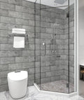 Modern bathroom with Dark Slate Peel And Stick Backsplash Kit for kitchen and bath, large 5.9in x 11.8in self-adhesive subway tiles.