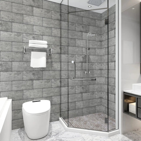 Modern bathroom with Dark Slate Peel And Stick Backsplash Kit for kitchen and bath, large 5.9in x 11.8in self-adhesive subway tiles.