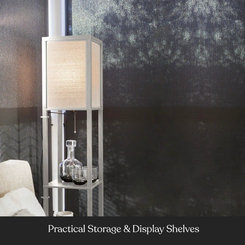 Cozy Rustic Wood Shelf Floor Lamp With Shade And Built-In 9W LED Bulb next to a couch in a modern living room