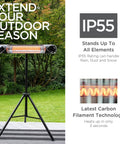Infrared Patio Heater With Remote Control 1500W Dual Mount on tripod in garden setting, showcasing heating technology and IP55 rating