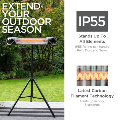 Infrared Patio Heater With Remote Control 1500W Dual Mount on tripod in garden setting, showcasing heating technology and IP55 rating