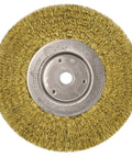 Six Inch Narrow Face Crimped Wire Wheel With Brass Fill For Pro Grade Light To Medium Cleaning Of Soft Non Ferrous Metals Deburring And Fine Finishing, Five Eighths To Half Inch Arbor, Pack Of Two, Made In USA, front view of brass wire wheel