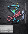 Neon Bar Sign For Home Bar And Man Cave, Dimmer USB Powered 5V Light With Flexible Silicon LED Strip On Clear Acrylic Board, 16x12 Inches, showing cocktail theme with size measurements and USB cable.