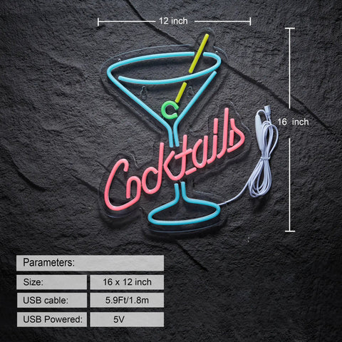 Neon Bar Sign For Home Bar And Man Cave, Dimmer USB Powered 5V Light With Flexible Silicon LED Strip On Clear Acrylic Board, 16x12 Inches, showing cocktail theme with size measurements and USB cable.