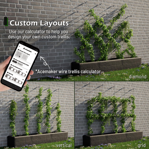 Outdoor Wire Trellis Kit For Climbing Plants, 12-Piece Wall System With 1/8 Inch By 53 Ft Stainless Steel Cable, custom layouts.