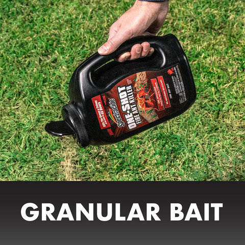 Person using One Shot Fire Ant Killer Granular Bait Delivers 3 Months Of Fire Ant Control, Slow-Acting Worker Kill, 1.5 lb on lawn