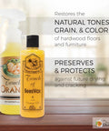 Beeswax Wood Polish And Restorer Bundle For Hardwood Floors bottles on wooden surface with text showing product benefits.
